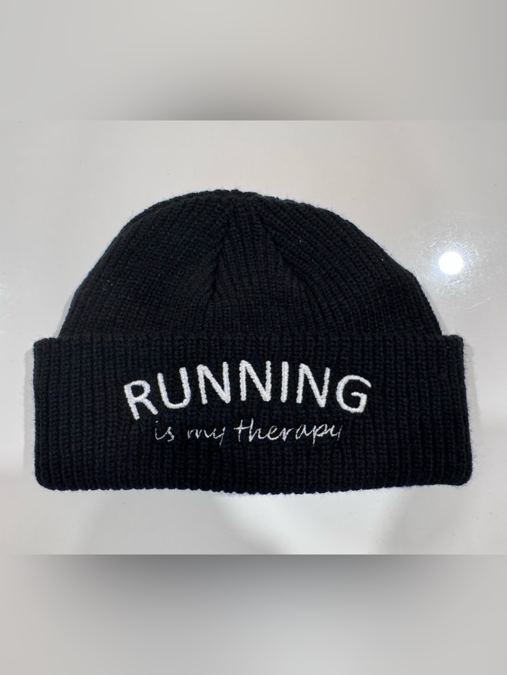 Black 'RUNNING is my therapy' Knit Beanie - Cozy Winter Hat - Skull Beanie